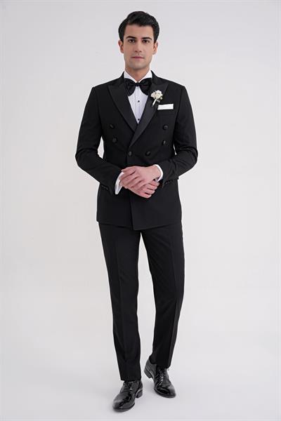 Slim Fit Çıkarılabilir Saten Yaka Kruvaze Siyah Damatlık Smokin Takım Black 082