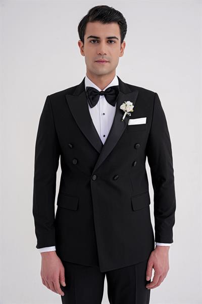 Slim Fit Çıkarılabilir Saten Yaka Kruvaze Siyah Damatlık Smokin Takım Black 082