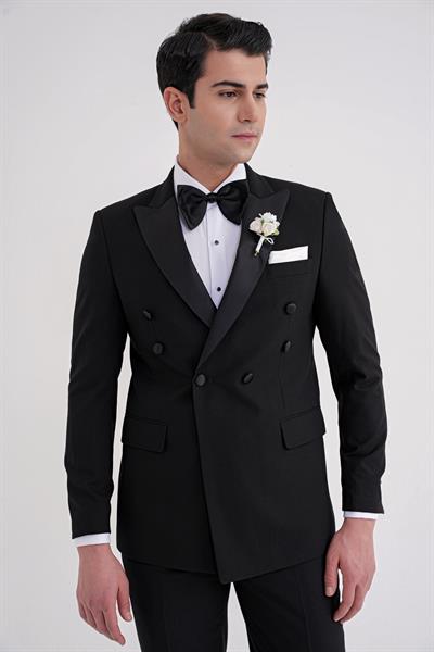Slim Fit Çıkarılabilir Saten Yaka Kruvaze Siyah Damatlık Smokin Takım Black 082
