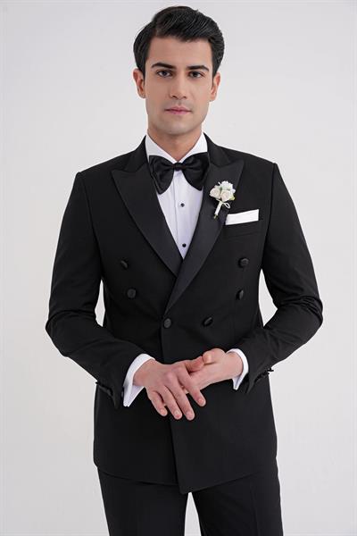 Slim Fit Çıkarılabilir Saten Yaka Kruvaze Siyah Damatlık Smokin Takım Black 082