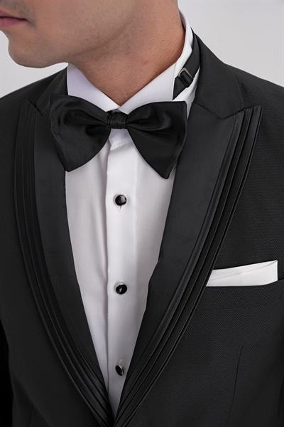 Slim Fit Çift Yıtmaç Fleto Cep Doku Desenli Çıkarılabilir Saten Yaka Siyah Damatlık Smokin Takım Black 083 EF