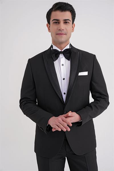 Slim Fit Çift Yıtmaç Fleto Cep Doku Desenli Çıkarılabilir Saten Yaka Siyah Damatlık Smokin Takım Black 083 EF