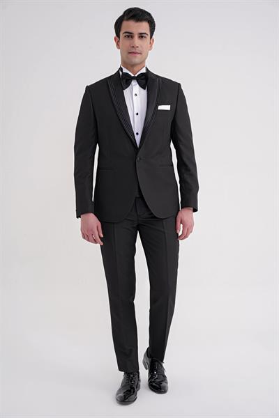 Slim Fit Çift Yıtmaç Fleto Cep Doku Desenli Çıkarılabilir Saten Yaka Siyah Damatlık Smokin Takım Black 083 EF