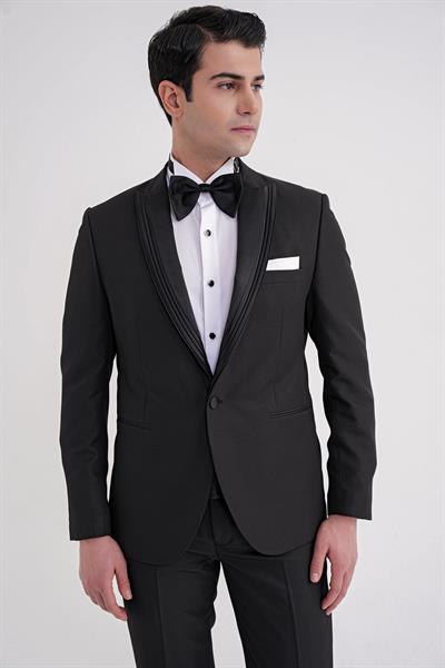 Slim Fit Çift Yıtmaç Fleto Cep Doku Desenli Çıkarılabilir Saten Yaka Siyah Damatlık Smokin Takım Black 083 EF