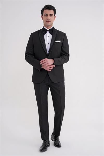 Slim Fit Çift Yıtmaç Fleto Cep Doku Desenli Çıkarılabilir Saten Yaka Siyah Damatlık Smokin Takım Black 083 EF