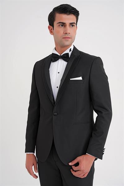 Slim Fit Çift Yıtmaç Fleto Cep Çıkarılabilir Saten Yaka Siyah Damatlık Smokin Takım Black 083