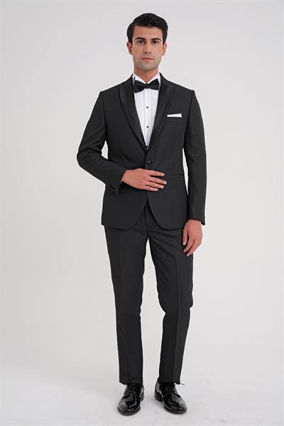 Slim Fit Çift Yıtmaç Fleto Cep Çıkarılabilir Saten Yaka Siyah Damatlık Smokin Takım Black 083