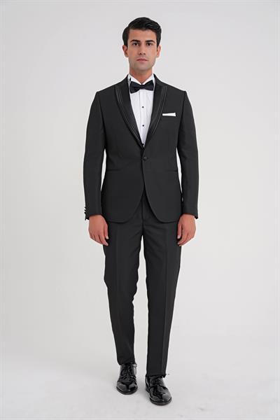 Slim Fit Çift Yıtmaç Fleto Cep Çıkarılabilir Saten Yaka Siyah Damatlık Smokin Takım Black 083