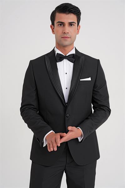 Slim Fit Çift Yıtmaç Fleto Cep Çıkarılabilir Saten Yaka Siyah Damatlık Smokin Takım Black 083