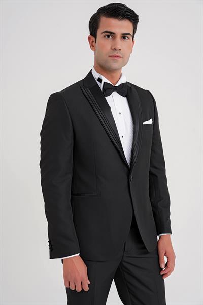 Slim Fit Çift Yıtmaç Fleto Cep Çıkarılabilir Saten Yaka Siyah Damatlık Smokin Takım Black 083