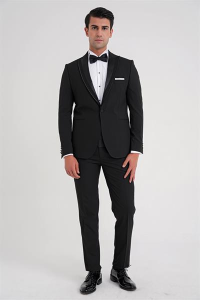 Slim Fit Tek Düğme Fleto Cep Çıkarılabilir Saten Yaka Siyah Damatlık Smokin Takım Black 084