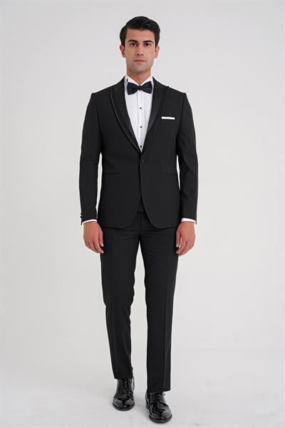 Slim Fit Tek Düğme Fleto Cep Çıkarılabilir Saten Yaka Siyah Damatlık Smokin Takım Black 084