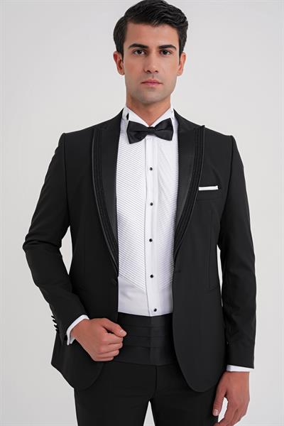 Slim Fit Tek Düğme Fleto Cep Çıkarılabilir Saten Yaka Siyah Damatlık Smokin Takım Black 084