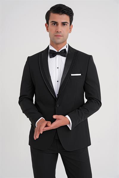 Slim Fit Tek Düğme Fleto Cep Çıkarılabilir Saten Yaka Siyah Damatlık Smokin Takım Black 084