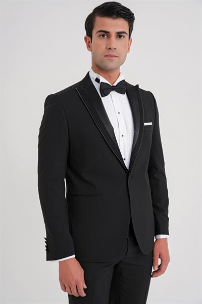 Slim Fit Tek Düğme Fleto Cep Çıkarılabilir Saten Yaka Siyah Damatlık Smokin Takım Black 084