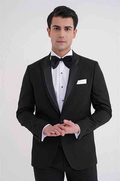 Slim Fit Çıkarılabilir Kırlangıç Saten Yaka Siyah Damatlık Smokin Takım Black 085