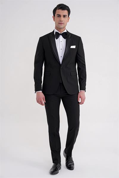 Slim Fit Çıkarılabilir Kırlangıç Saten Yaka Siyah Damatlık Smokin Takım Black 085