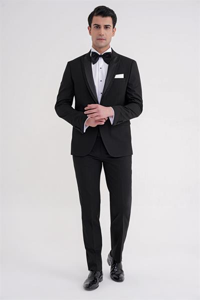 Slim Fit Çıkarılabilir Kırlangıç Saten Yaka Siyah Damatlık Smokin Takım Black 085