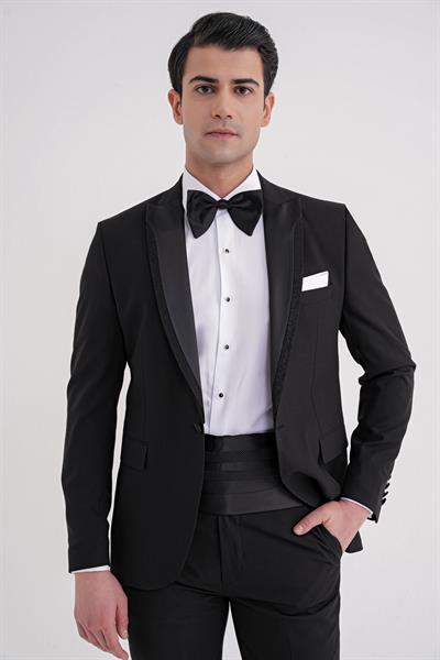 Slim Fit Çıkarılabilir Kırlangıç Saten Yaka Siyah Damatlık Smokin Takım Black 085