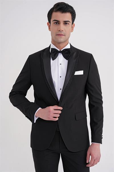 Slim Fit Çıkarılabilir Kırlangıç Saten Yaka Siyah Damatlık Smokin Takım Black 085