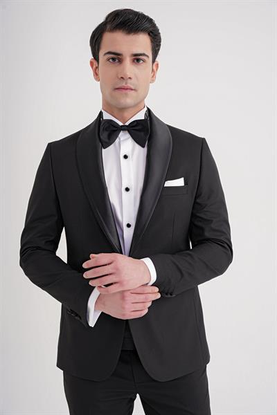 Slim Fit Fleto Cep Çıkarılabilir Saten Şal Yaka Siyah Damatlık Smokin Takım Black 086