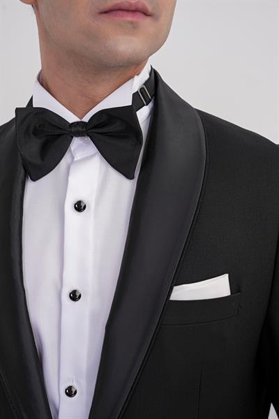 Slim Fit Fleto Cep Çıkarılabilir Saten Şal Yaka Siyah Damatlık Smokin Takım Black 086