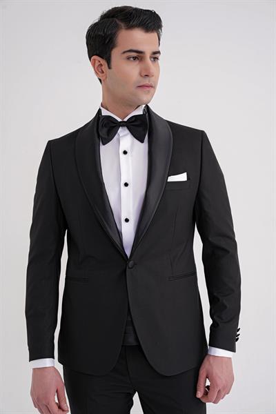 Slim Fit Fleto Cep Çıkarılabilir Saten Şal Yaka Siyah Damatlık Smokin Takım Black 086