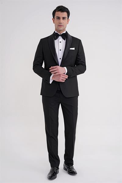 Slim Fit Fleto Cep Çıkarılabilir Saten Şal Yaka Siyah Damatlık Smokin Takım Black 086