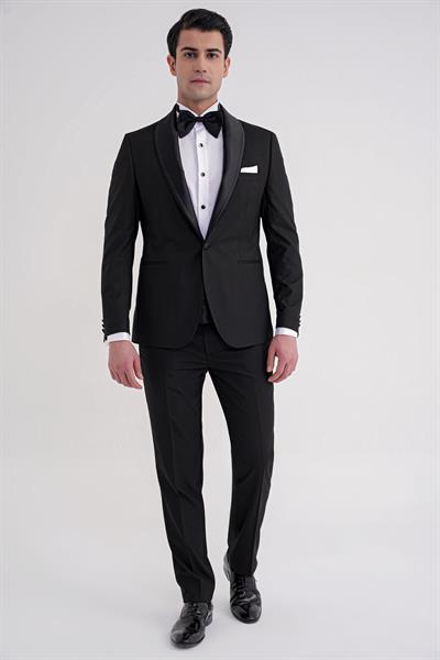 Slim Fit Fleto Cep Çıkarılabilir Saten Şal Yaka Siyah Damatlık Smokin Takım Black 086