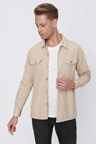 Slim Fit %100 Pamuk Yan Cep Gömlek Yaka Bej Spor Ceket C 618