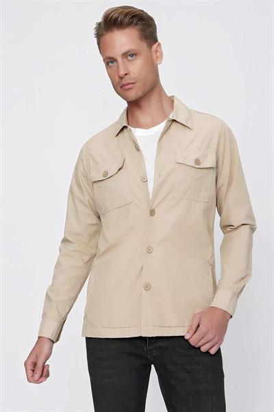 Slim Fit %100 Pamuk Yan Cep Gömlek Yaka Bej Spor Ceket C 618