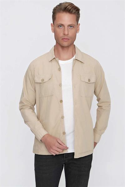 Slim Fit %100 Pamuk Yan Cep Gömlek Yaka Bej Spor Ceket C 618