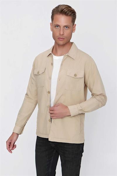 Slim Fit %100 Pamuk Yan Cep Gömlek Yaka Bej Spor Ceket C 618