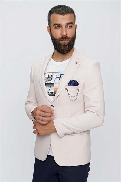 Slim Fit Mono Yaka Doku Desenli Bej Spor Ceket C 620