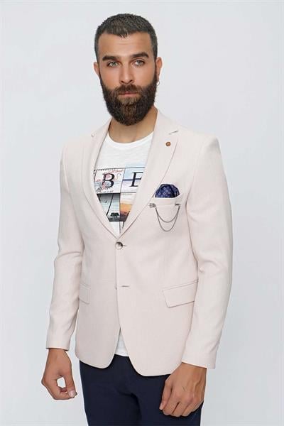 Slim Fit Mono Yaka Doku Desenli Bej Spor Ceket C 620