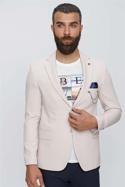 Slim Fit Mono Yaka Doku Desenli Bej Spor Ceket C 620