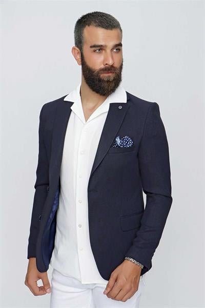 Slim Fit Mono Yaka Doku Desenli Lacivert Spor Ceket C 620