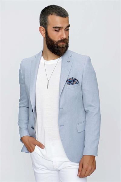 Slim Fit Mono Yaka Doku Desenli Mavi Spor Ceket C 620