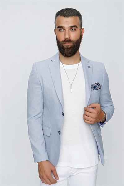 Slim Fit Mono Yaka Doku Desenli Mavi Spor Ceket C 620