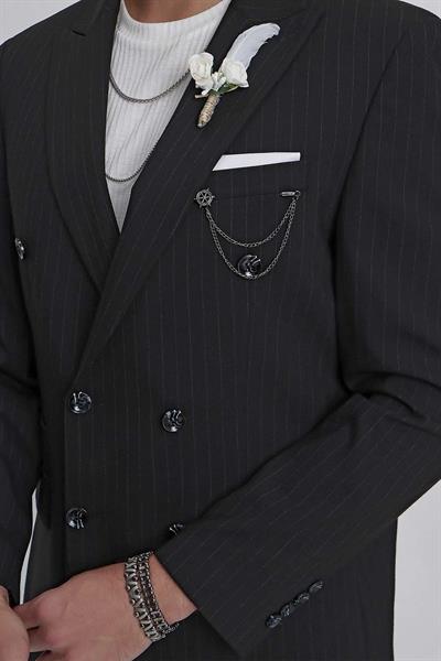 Slim Fit Çift Yırtmaç Çizgili Esnek Siyah Kruvaze Ceket C 622