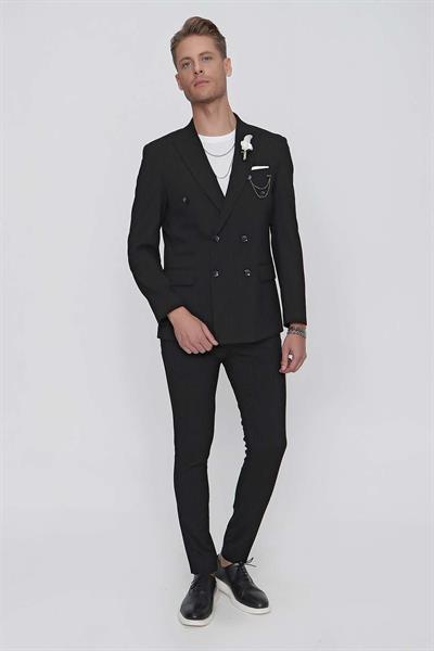 Slim Fit Çift Yırtmaç Çizgili Esnek Siyah Kruvaze Ceket C 622