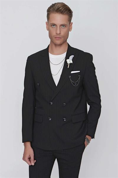 Slim Fit Çift Yırtmaç Çizgili Esnek Siyah Kruvaze Ceket C 622