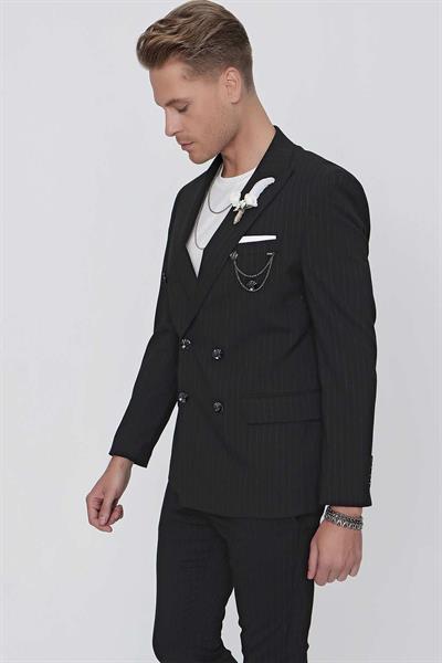 Slim Fit Çift Yırtmaç Çizgili Esnek Siyah Kruvaze Ceket C 622