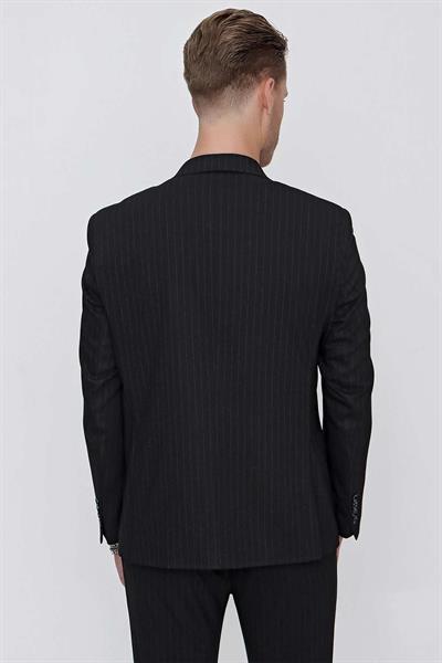 Slim Fit Çift Yırtmaç Çizgili Esnek Siyah Kruvaze Ceket C 622