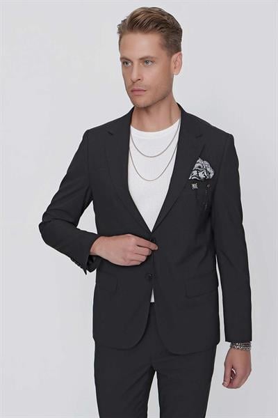 Slim Fit Doku Desenli %96 Pamuk Esnek Siyah Spor Ceket C 623