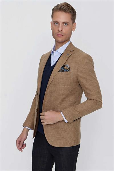 Slim Fit Mono Yaka Kırçıllı Dokuma Safran Spor Ceket C 628