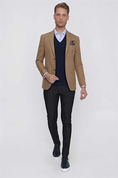 Slim Fit Mono Yaka Kırçıllı Dokuma Safran Spor Ceket C 628