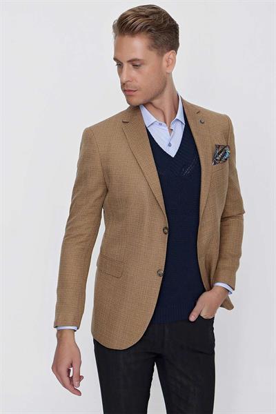 Slim Fit Mono Yaka Kırçıllı Dokuma Safran Spor Ceket C 628