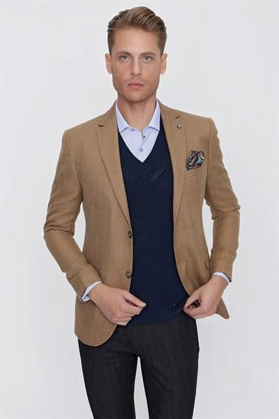 Slim Fit Mono Yaka Kırçıllı Dokuma Safran Spor Ceket C 628