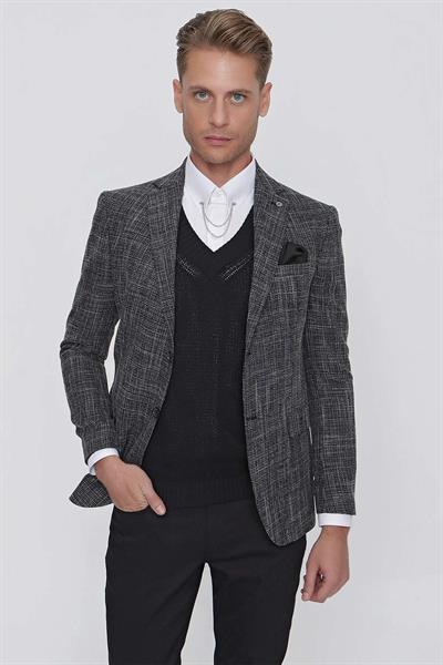 Slim Fit Mono Yaka Kırçıllı Dokuma Siyah Spor Ceket C 628